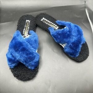 Avec Moderation Slip-on Flip Flop Slide Blue Fluffy 38EU 7.5US Made In Italy